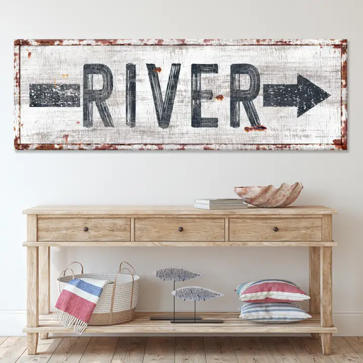 River Arrow Sign canvas by Tailored Canvases, black lettering on white distressed canvas on Tampa Home & Garden Store
