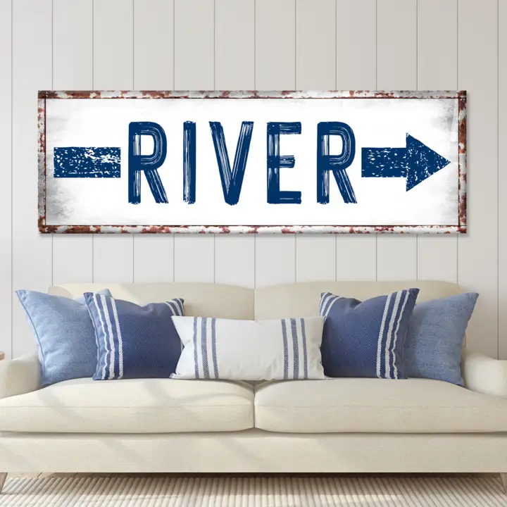 River Arrow Sign canvas by Tailored Canvases, rustic metal frame with blue RIVER arrows on white backdrop on Tampa Home & Garden Store