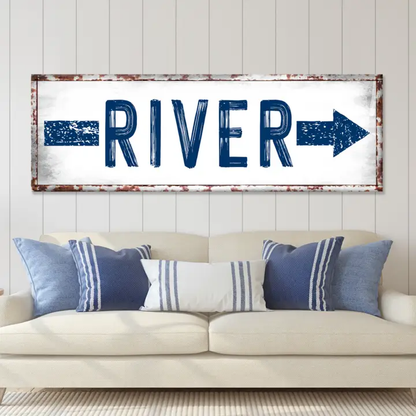 River Arrow Sign canvas by Tailored Canvases, rustic metal frame with blue RIVER arrows on white backdrop on Tampa Home & Garden Store