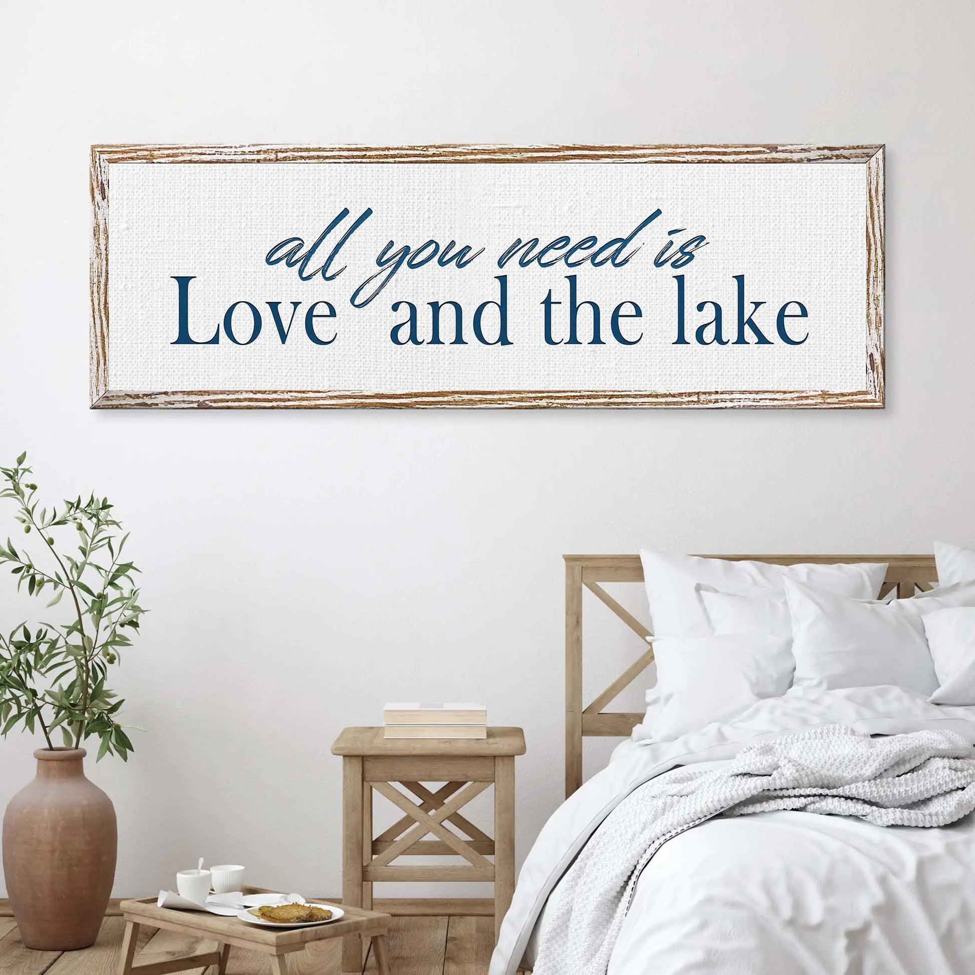 Love And The Lake Sign canvas wall art with distressed wood frame by Tailored Canvases on Tampa Home & Garden Store