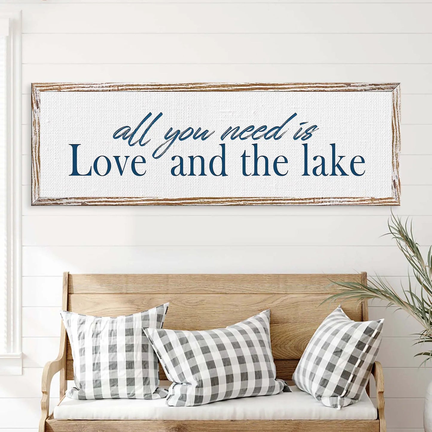 Love And The Lake Sign canvas with navy script on white textured fabric and wood frame on Tampa Home & Garden Store