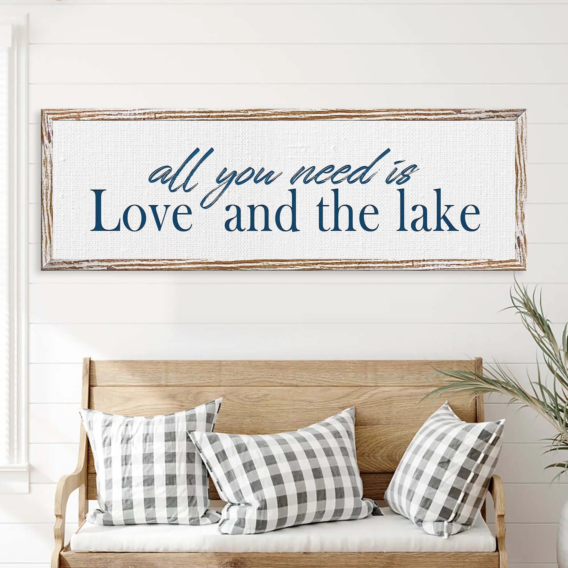 Love And The Lake Sign canvas with navy script on white textured fabric and wood frame on Tampa Home & Garden Store