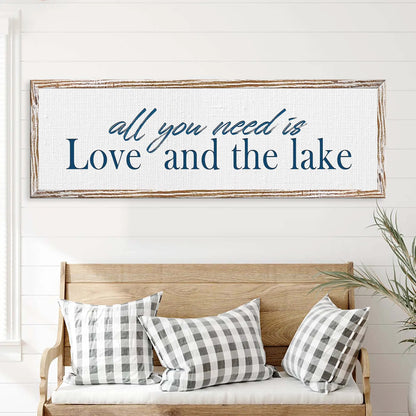 Love And The Lake Sign canvas with navy script on white textured fabric and wood frame on Tampa Home & Garden Store
