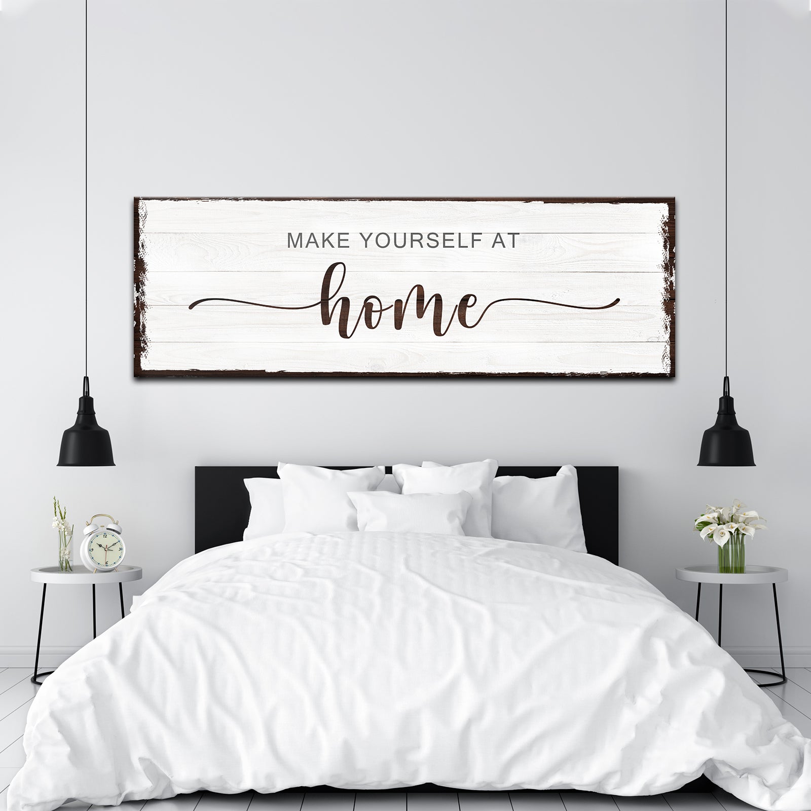 Make Yourself At Home Sign III canvas wall art with whitewashed wood and brown edges on Tampa Home & Garden Store