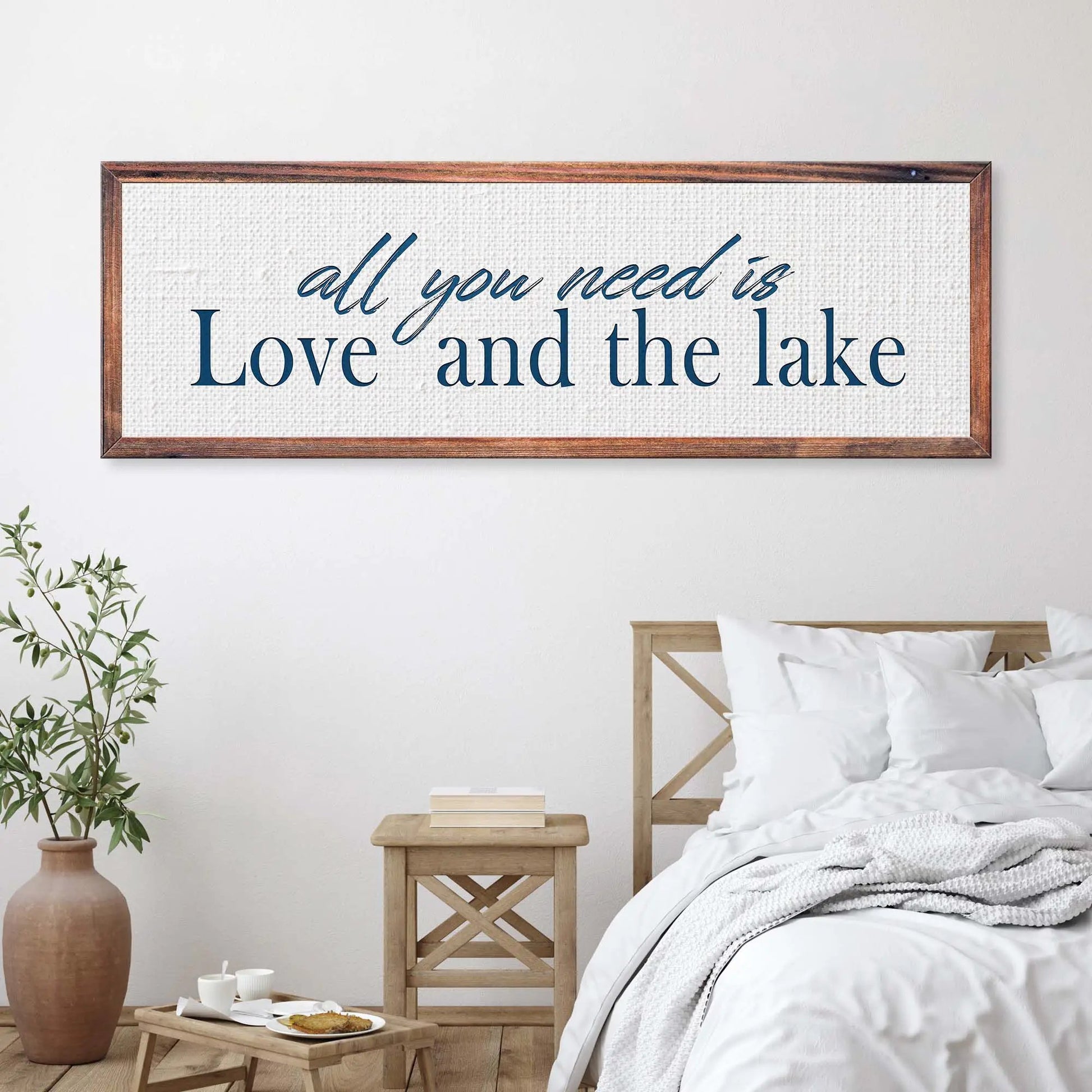 Love and the Lake Sign canvas Tailored Canvases; navy script on white canvas, wood frame on Tampa Home & Garden Store