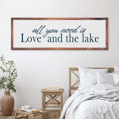 Love and the Lake Sign canvas Tailored Canvases; navy script on white canvas, wood frame on Tampa Home & Garden Store