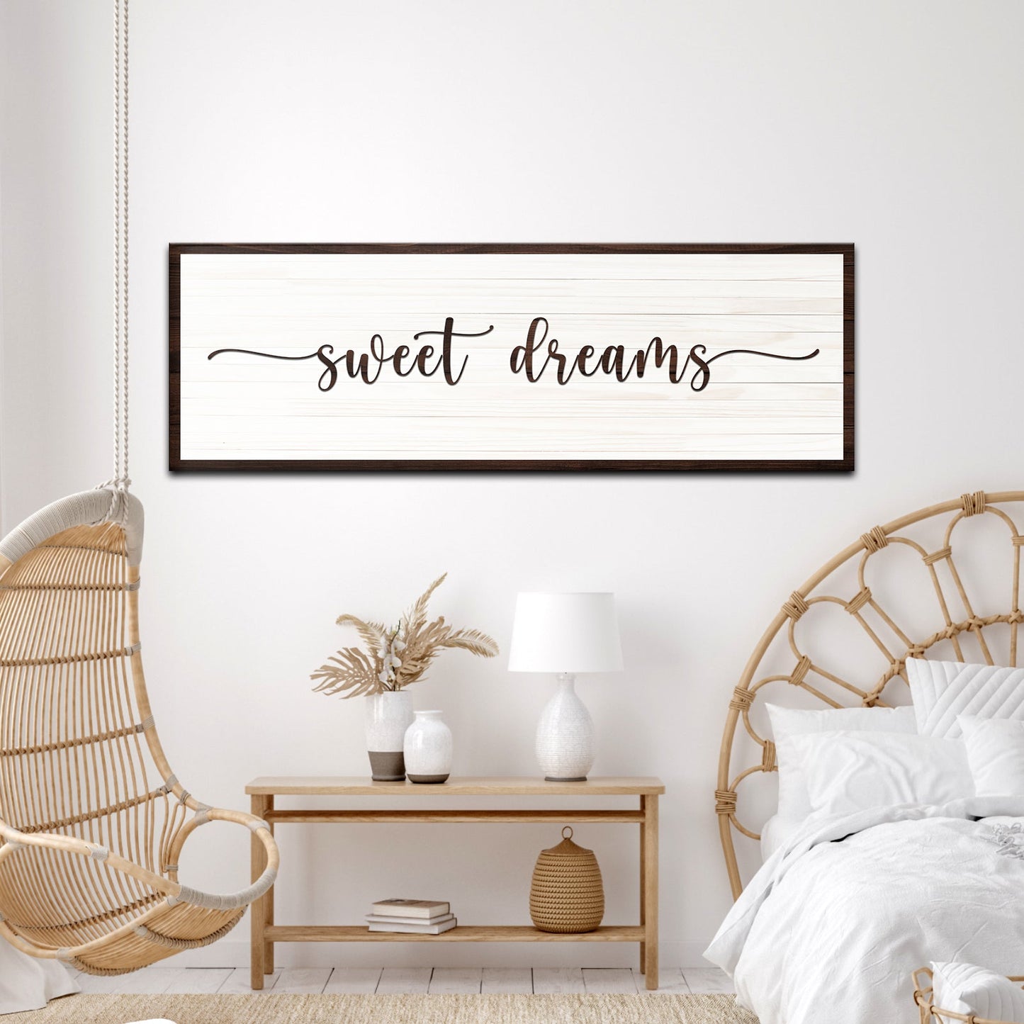 Sweet Dreams Sign III canvas with whitewashed wood panel and dark brown frame on Tampa Home & Garden Store
