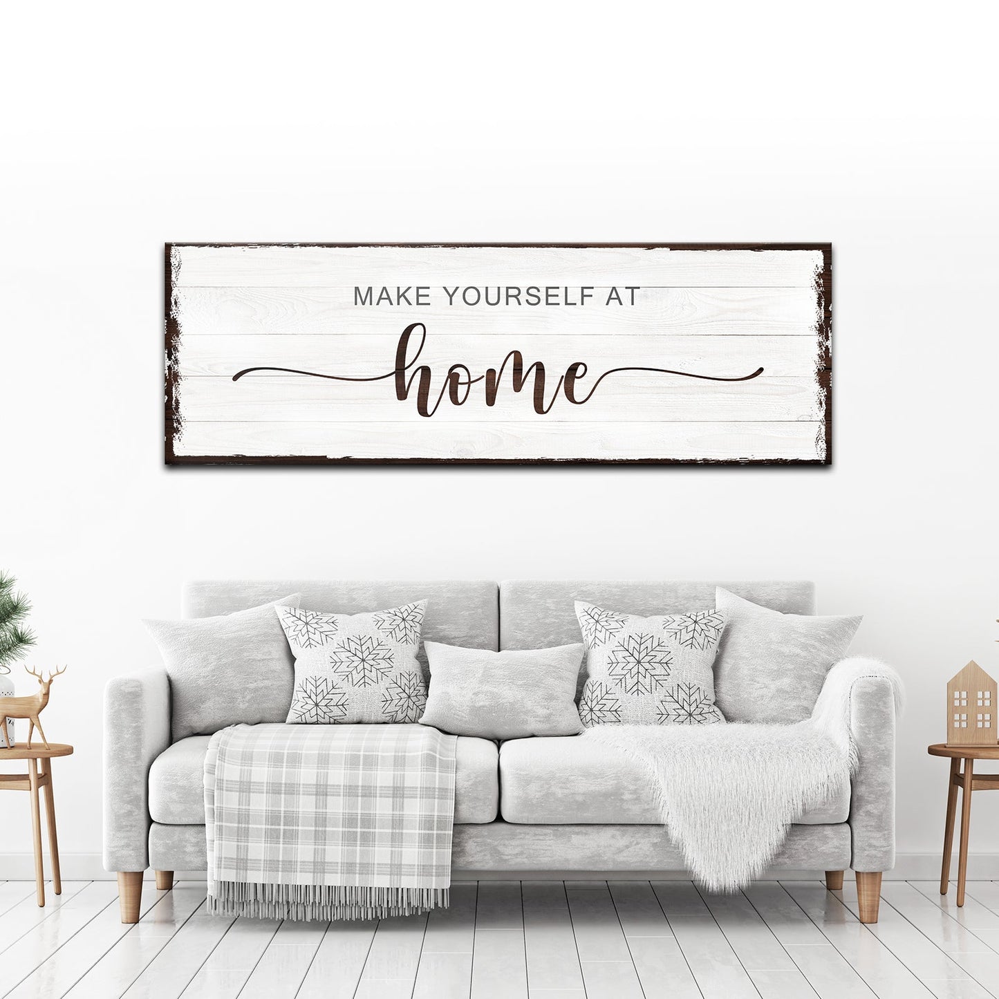Make Yourself At Home Sign III canvas wall art with whitewashed wood and brown frame on Tampa Home & Garden Store