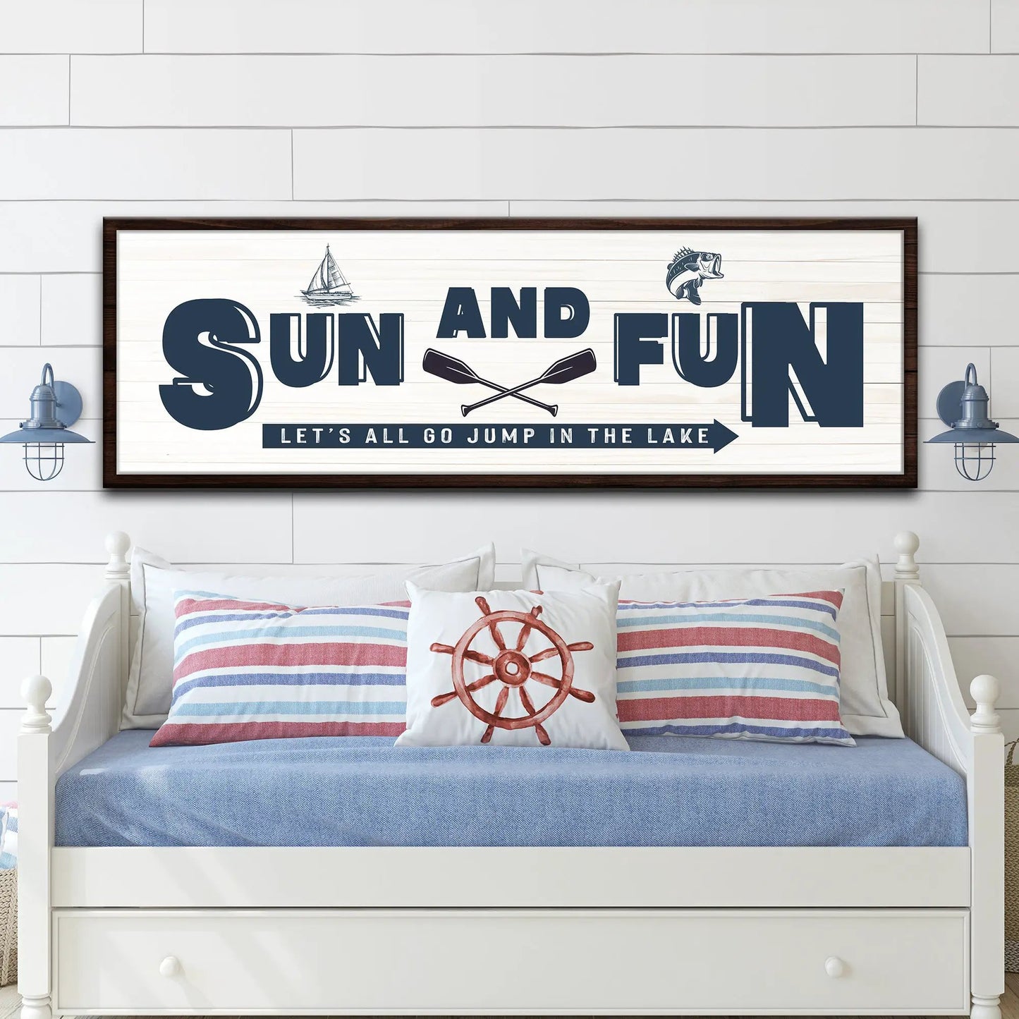 Sun And Fun Sign canvas by Tailored Canvases with navy letters in dark wood frame on Tampa Home & Garden Store