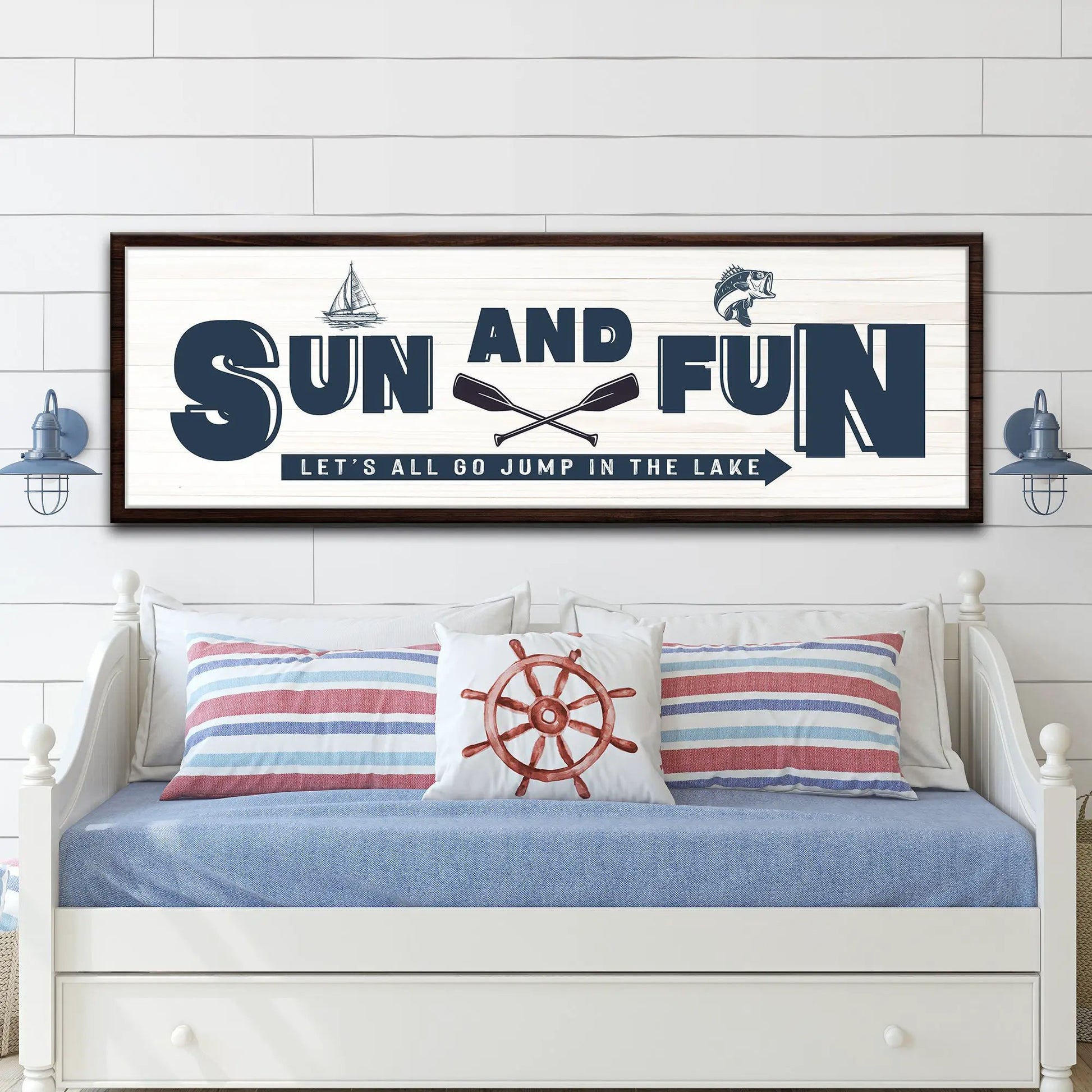 Sun And Fun Sign canvas by Tailored Canvases with navy letters in dark wood frame on Tampa Home & Garden Store