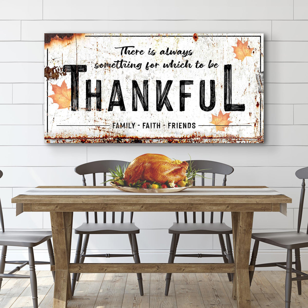 Always Thankful Sign canvas by Tailored Canvases with distressed white and autumn leaves on Tampa Home & Garden Store