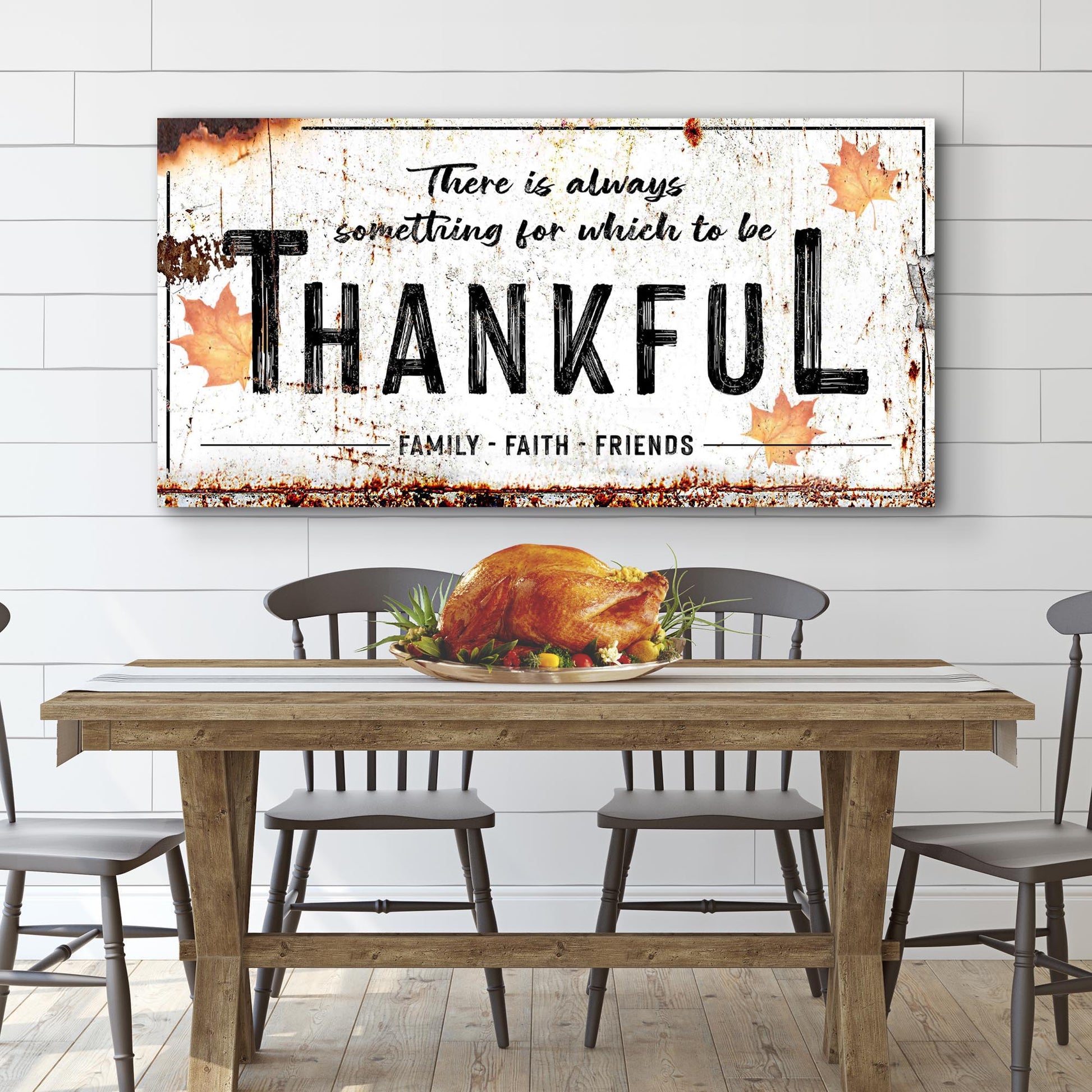 Always Thankful Sign canvas by Tailored Canvases with distressed white and autumn leaves on Tampa Home & Garden Store