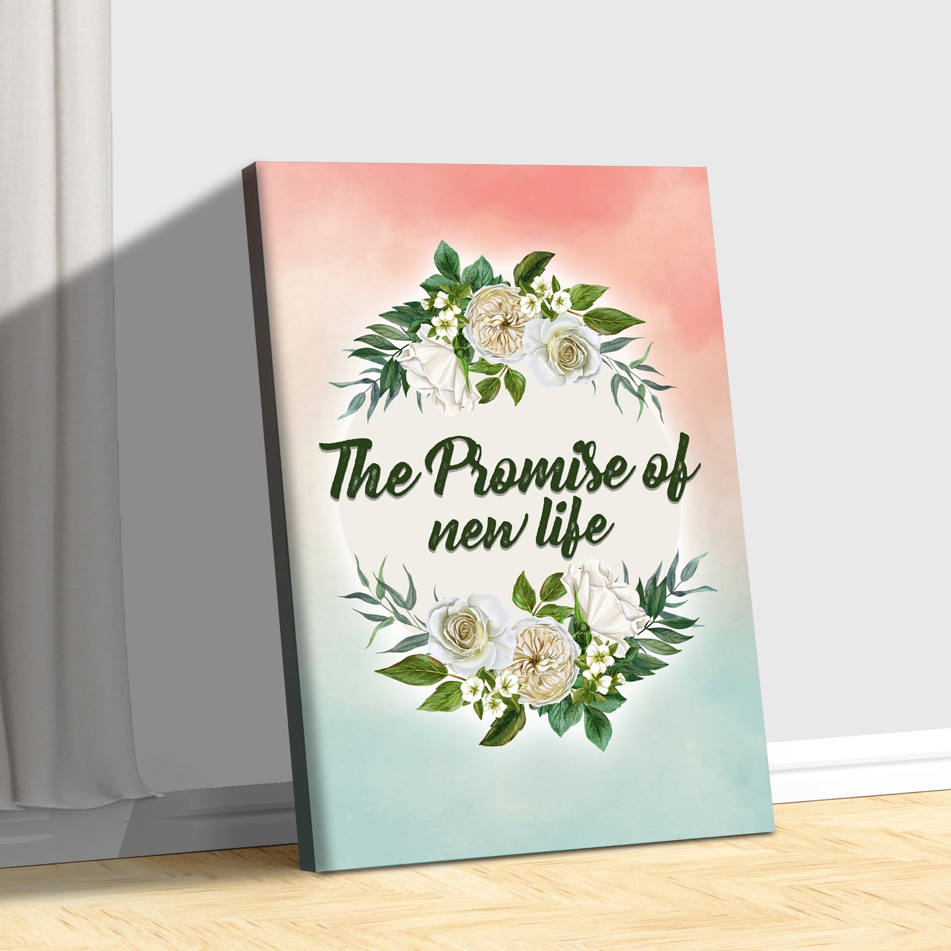 The Promise of New Life Sign canvas with floral bouquet on pastel gradient on Tampa Home & Garden Store