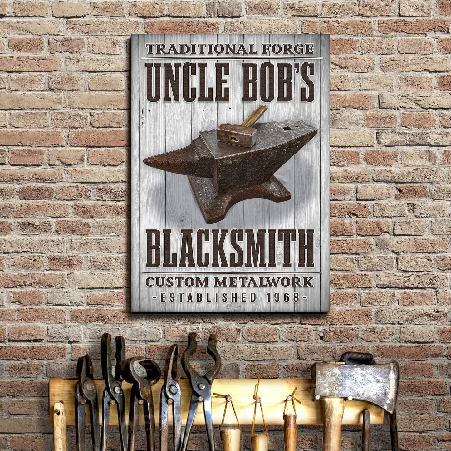 Traditional forge blacksmith sign canvas by Tailored Canvases with panel and anvil motif on Tampa Home & Garden Store