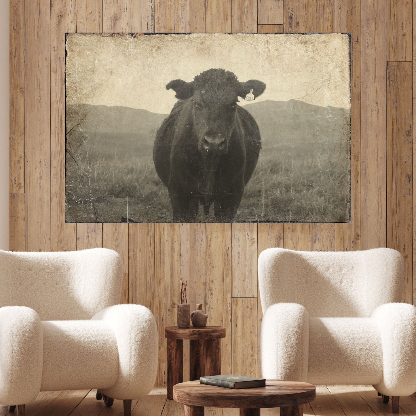 Vintage Angus Portrait Canvas, Tailored Canvases, black cow on wood backdrop on Tampa Home & Garden Store