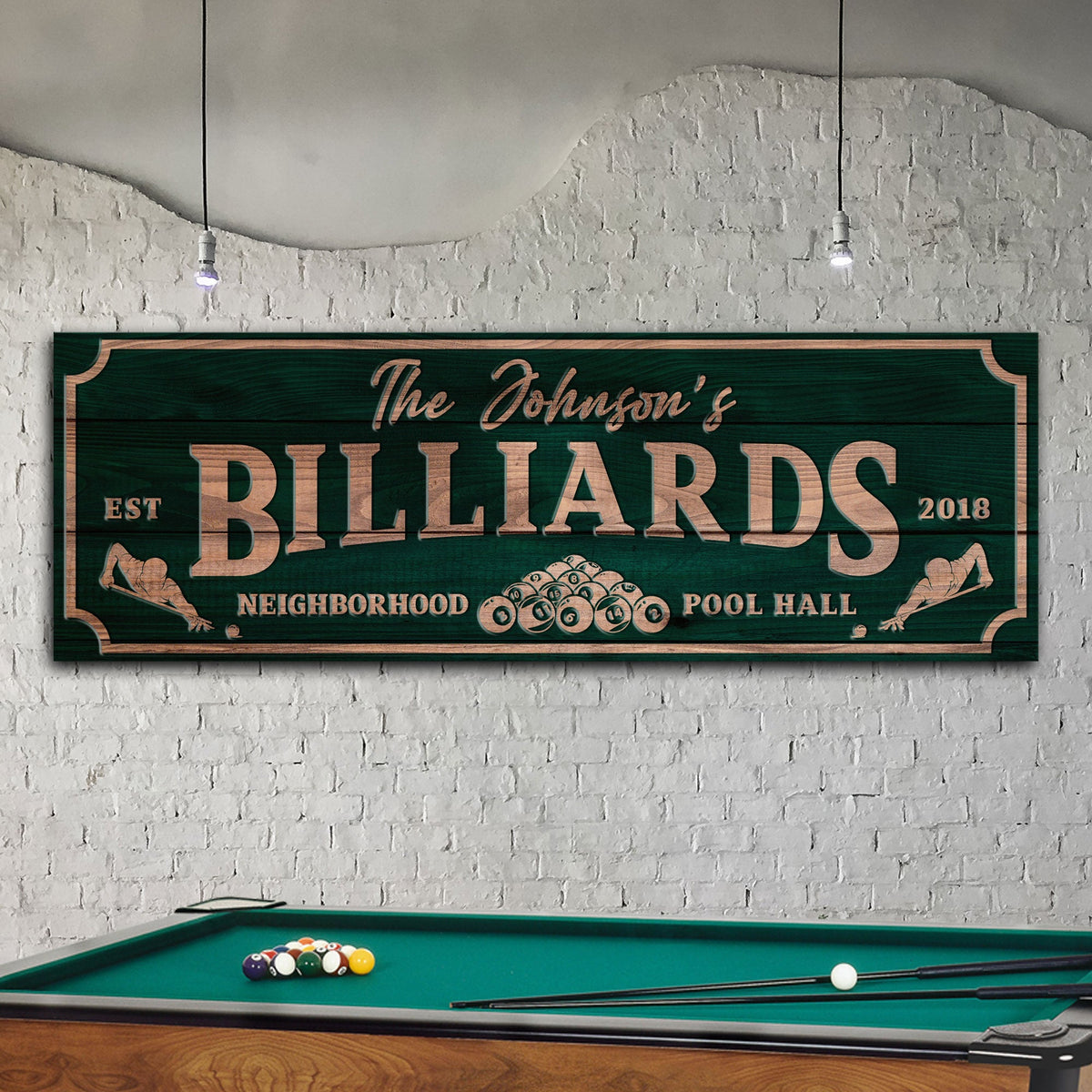 Canvas sign Pool Hall Billiards copper lettering on teal wood grain by Tailored Canvases on Tampa Home & Garden Store