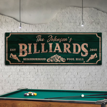 Canvas sign Pool Hall Billiards copper lettering on teal wood grain by Tailored Canvases on Tampa Home & Garden Store