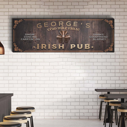Irish Pub Sign canvas with dark wood grain and copper lettering by Tailored Canvases on Tampa Home & Garden Store