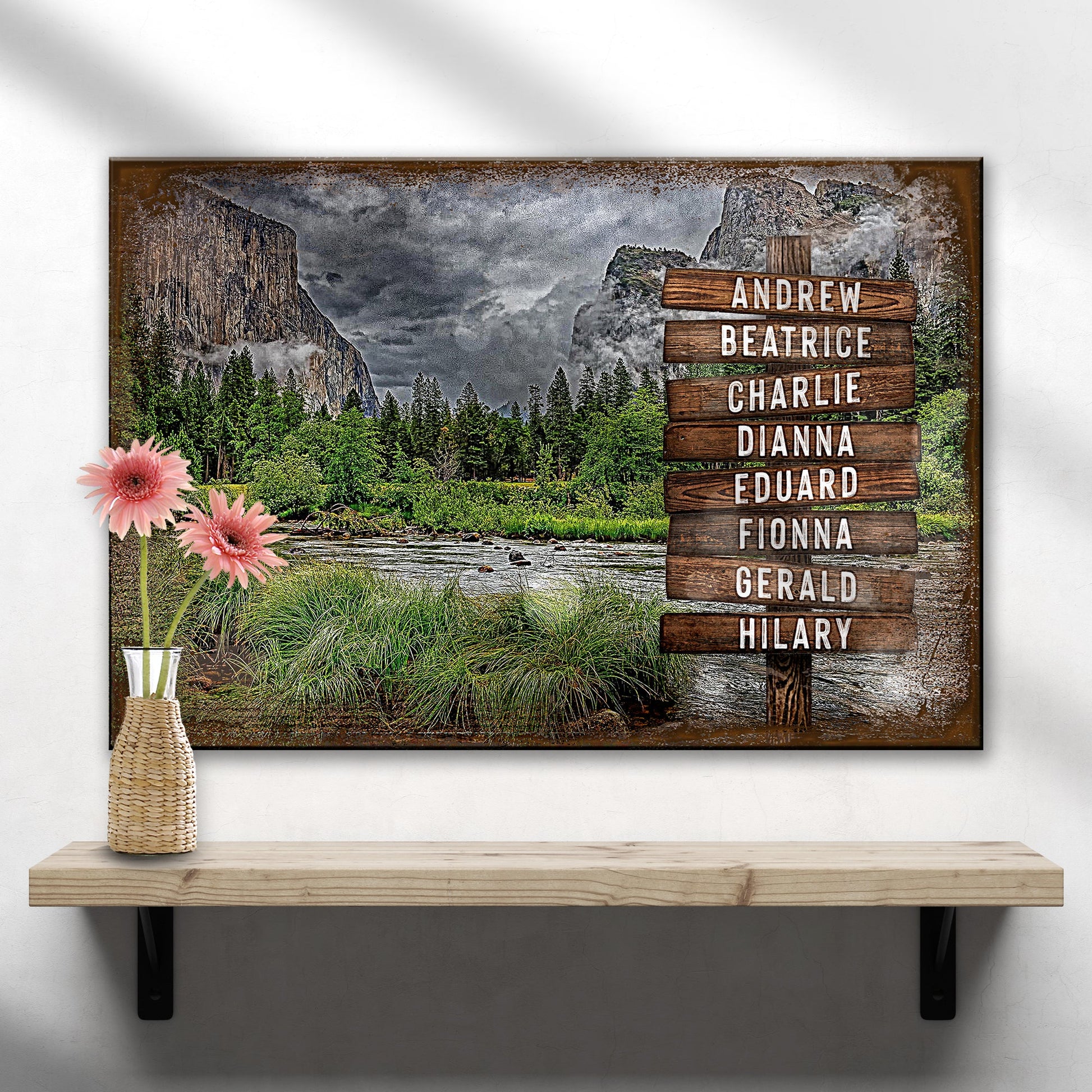 Lake Family Name Sign canvas with rustic wooden name planks over a mountain lake landscape on Tampa Home & Garden Store