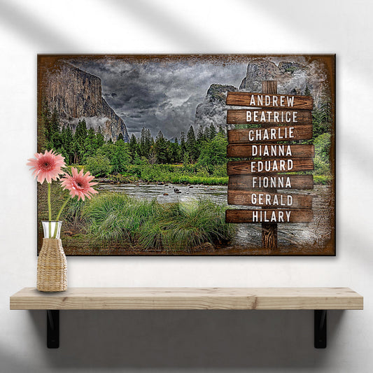 Lake Family Name Sign canvas with rustic wooden name planks over a mountain lake landscape on Tampa Home & Garden Store