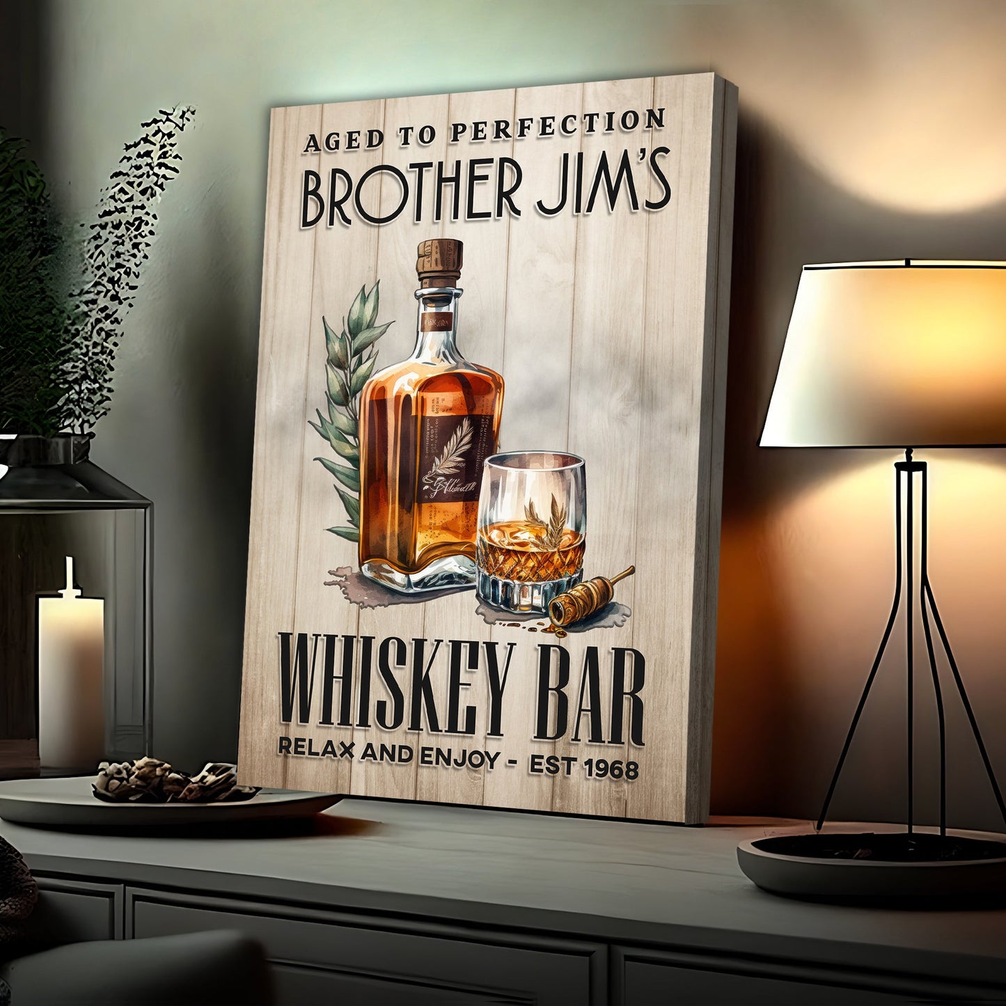 Aged To Perfection Whiskey Bar Sign canvas with whiskey bottle on wood panel on Tampa Home & Garden Store