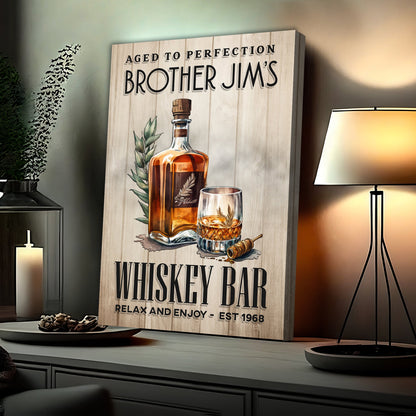 Aged To Perfection Whiskey Bar Sign canvas with whiskey bottle on wood panel on Tampa Home & Garden Store