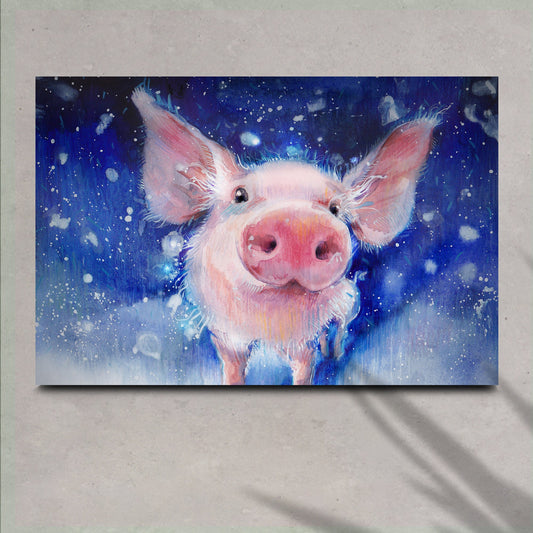 Fluffy Pig Watercolor Canvas Wall Art by Tailored Canvases; pink pig on blue snowy backdrop on Tampa Home & Garden Store