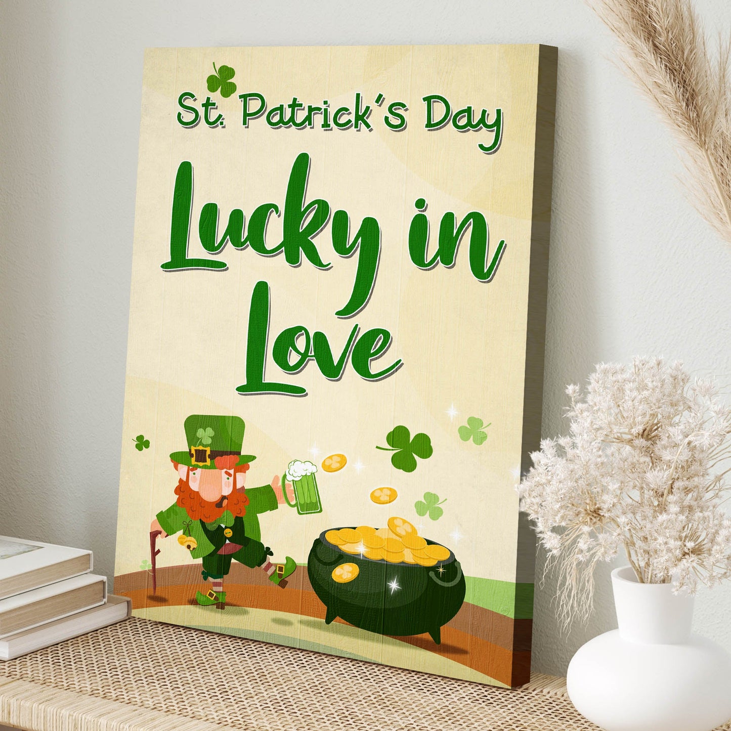 St. Patrick's Day Lucky In Love Sign canvas with green Love script and shamrocks on Tampa Home & Garden Store