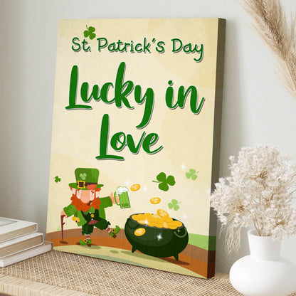 St. Patrick's Day Lucky In Love Sign canvas with green Love script and shamrocks on Tampa Home & Garden Store