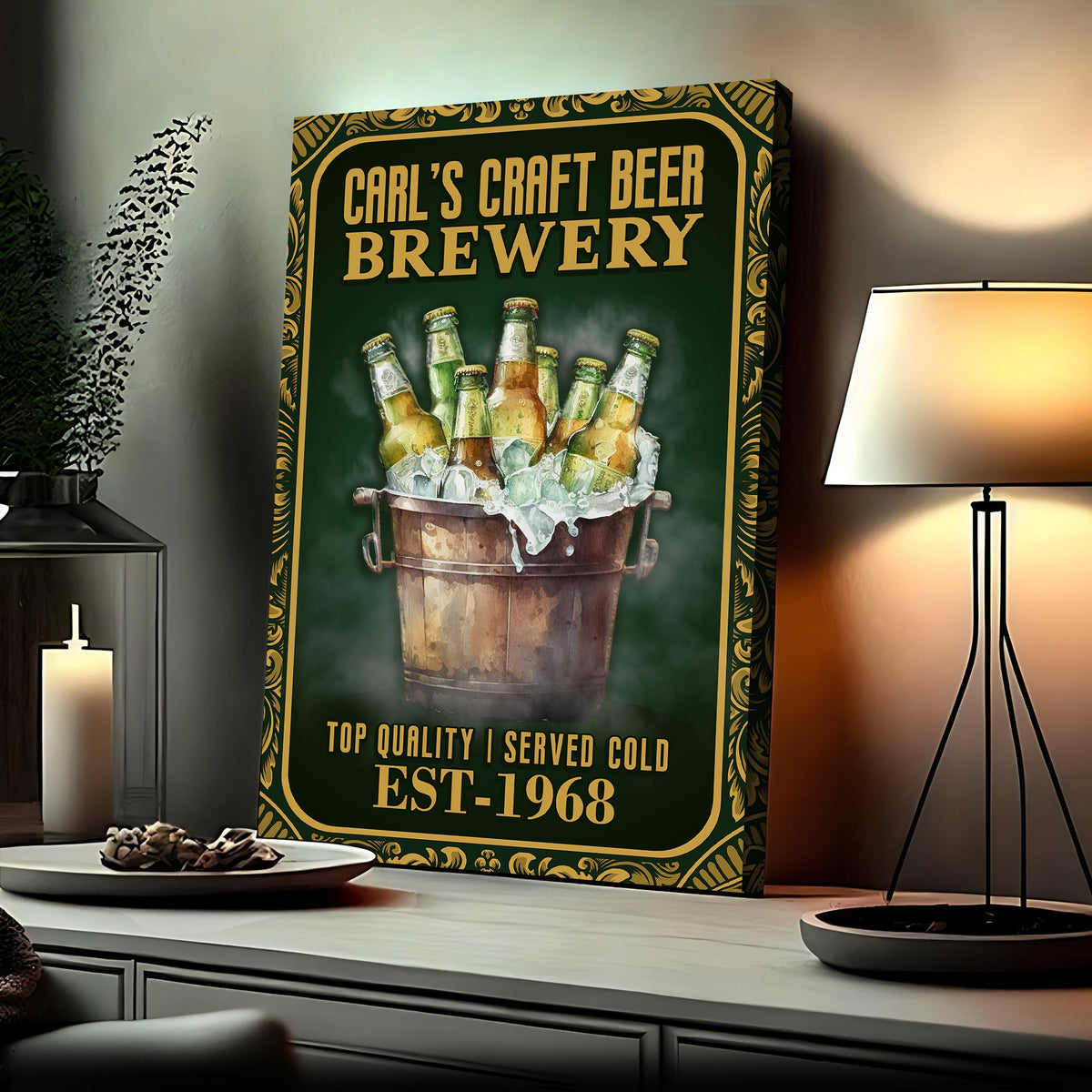 Craft Beer Brewery Sign canvas with green field, gold ornate frame, and a bucket of beer bottles on Tampa Home & Garden Store