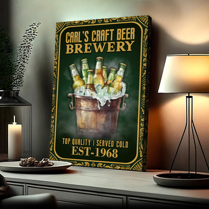 Craft Beer Brewery Sign canvas with green field, gold ornate frame, and a bucket of beer bottles on Tampa Home & Garden Store