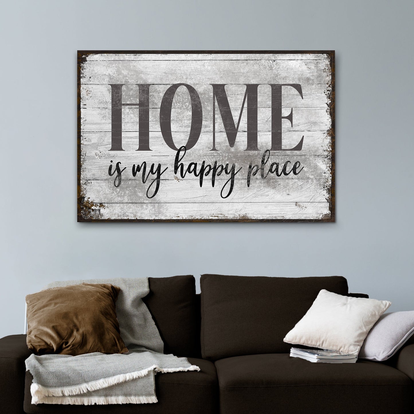 Home Is My Happy Place Sign III canvas with rustic wood backdrop and HOME Tailored Canvases on Tampa Home & Garden Store