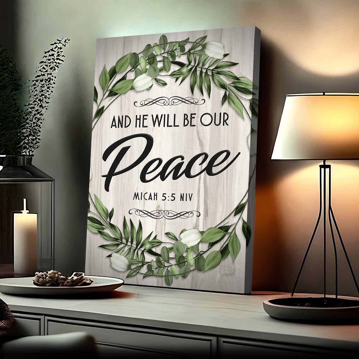Canvas scripture sign Tailored Canvases with Micah 5:5 NIV and Peace verse, green leaf border on Tampa Home & Garden Store
