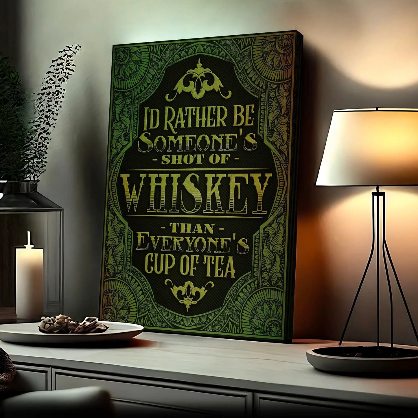 Whiskey Sign canvas wall art by Tailored Canvases in green and gold ornate design on Tampa Home & Garden Store
