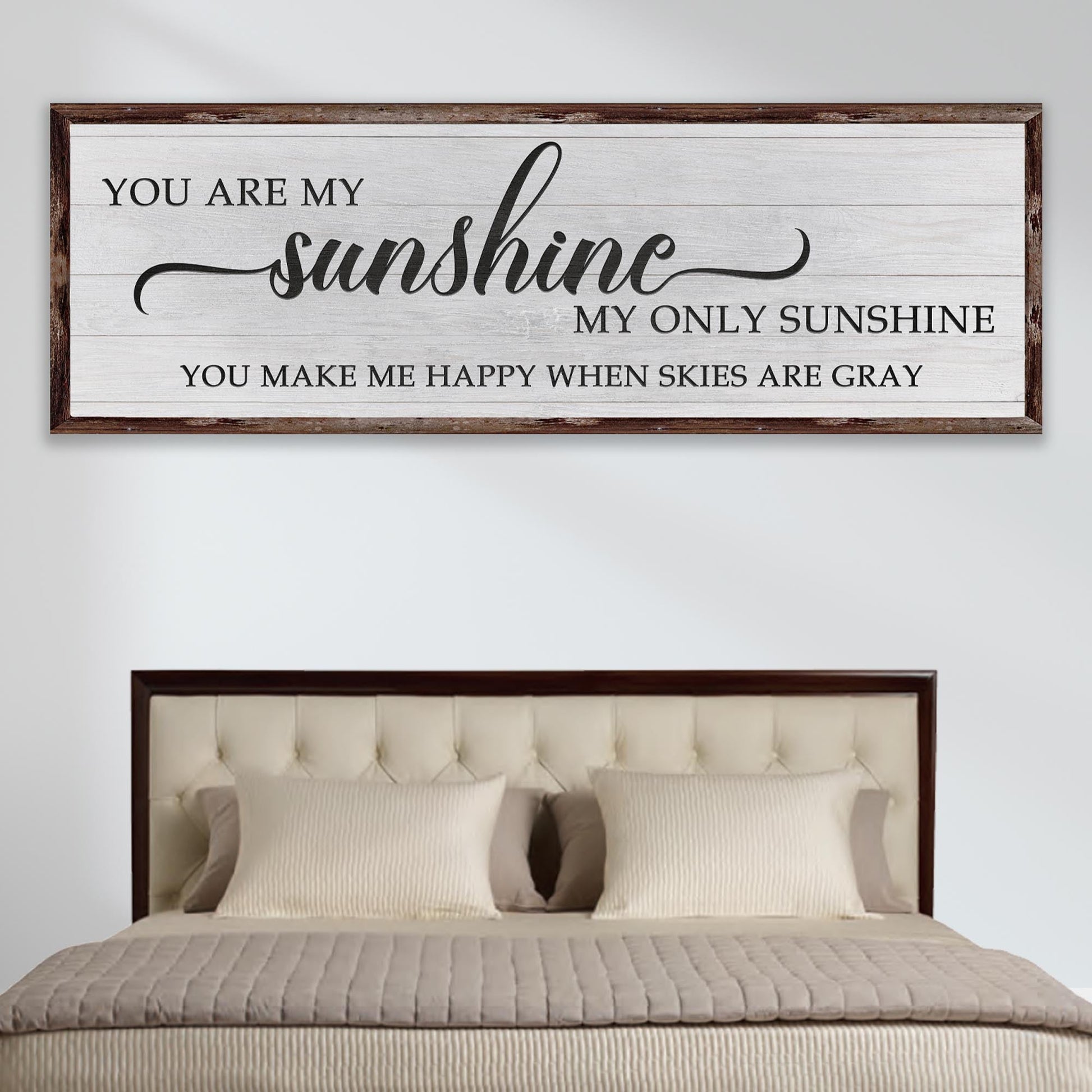 You Are My Sunshine Sign IV canvas wall art on whitewashed planks with rustic brown frame on Tampa Home & Garden Store