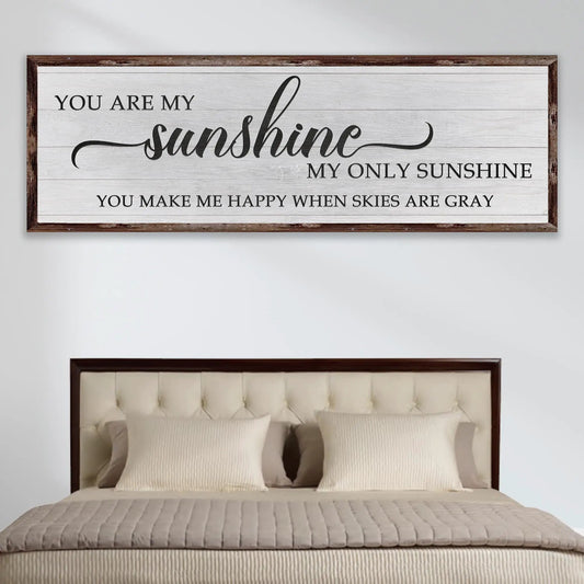 You Are My Sunshine Sign IV canvas wall art on whitewashed planks with rustic brown frame on Tampa Home & Garden Store