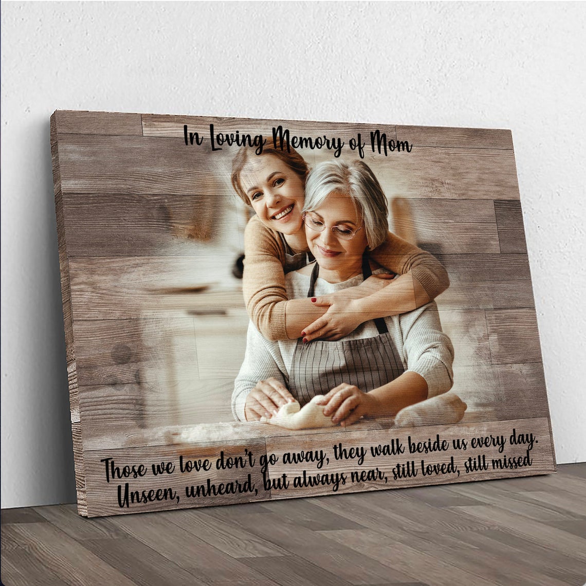 A Mother's Memory Sign canvas showing a hug photo on a wood backdrop with memorial script on Tampa Home & Garden Store