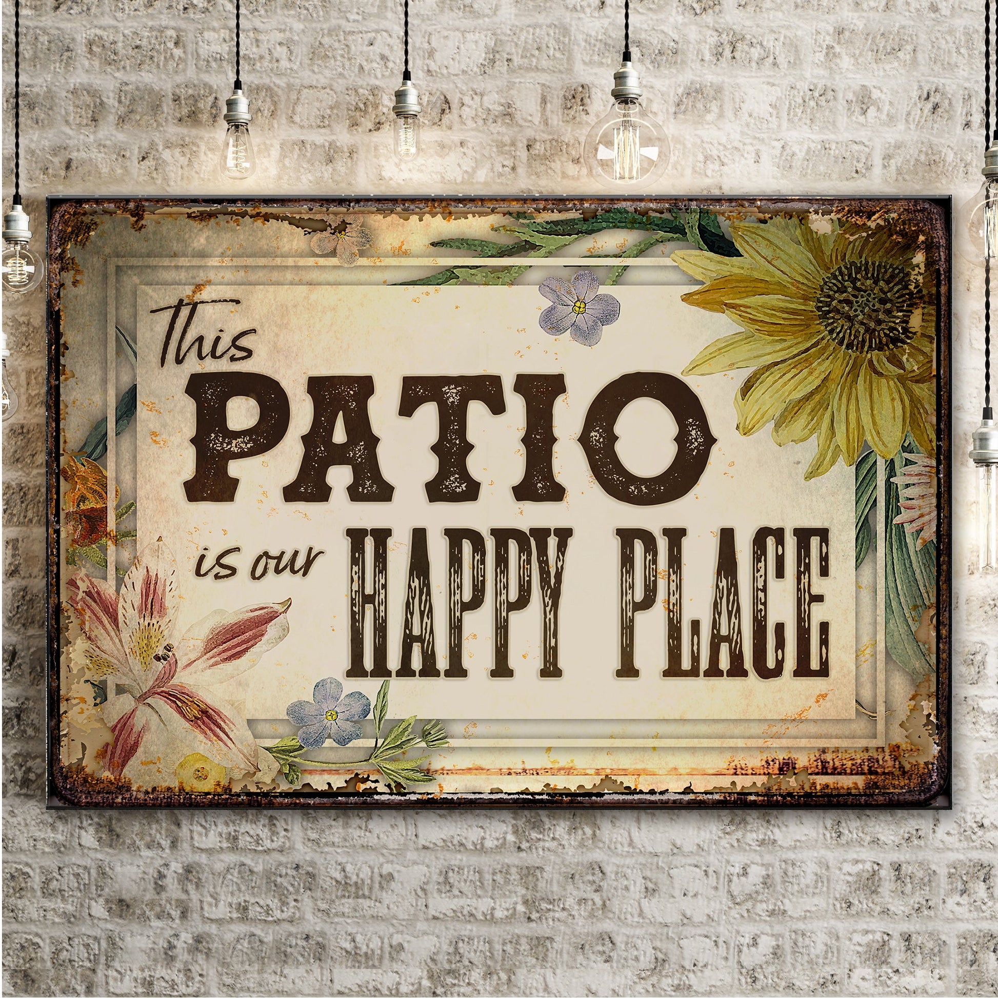 Canvas sign This Patio Is Our Happy Place with vintage floral border by Tailored Canvases on Tampa Home & Garden Store