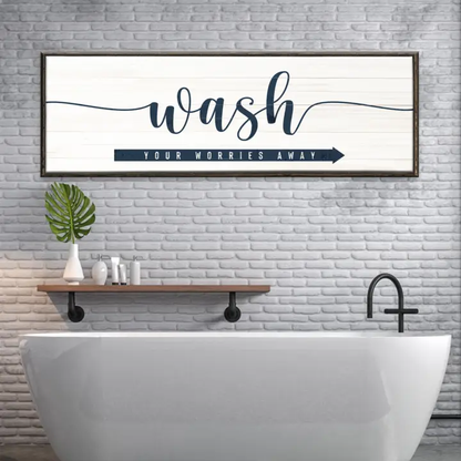 Canvas wall art sign Wash Your Worries Away with navy banner and arrow by Tailored Canvases on Tampa Home & Garden Store