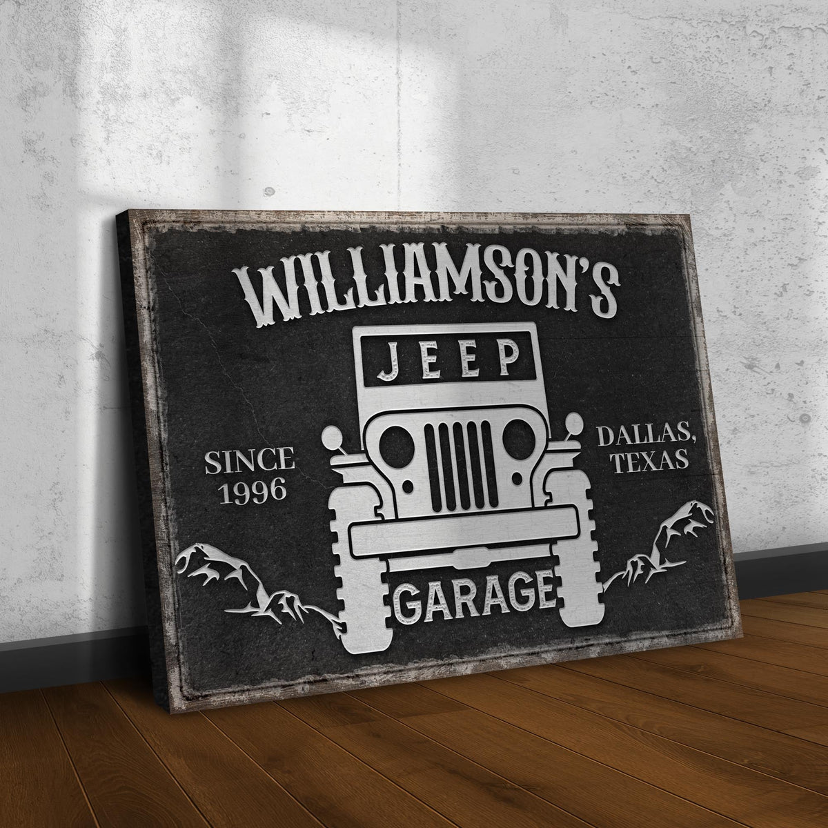 Family Garage Jeep Sign canvas by Tailored Canvases with vintage black sign and Jeep graphic on Tampa Home & Garden Store