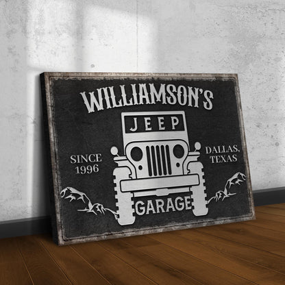 Family Garage Jeep Sign canvas by Tailored Canvases with vintage black sign and Jeep graphic on Tampa Home & Garden Store