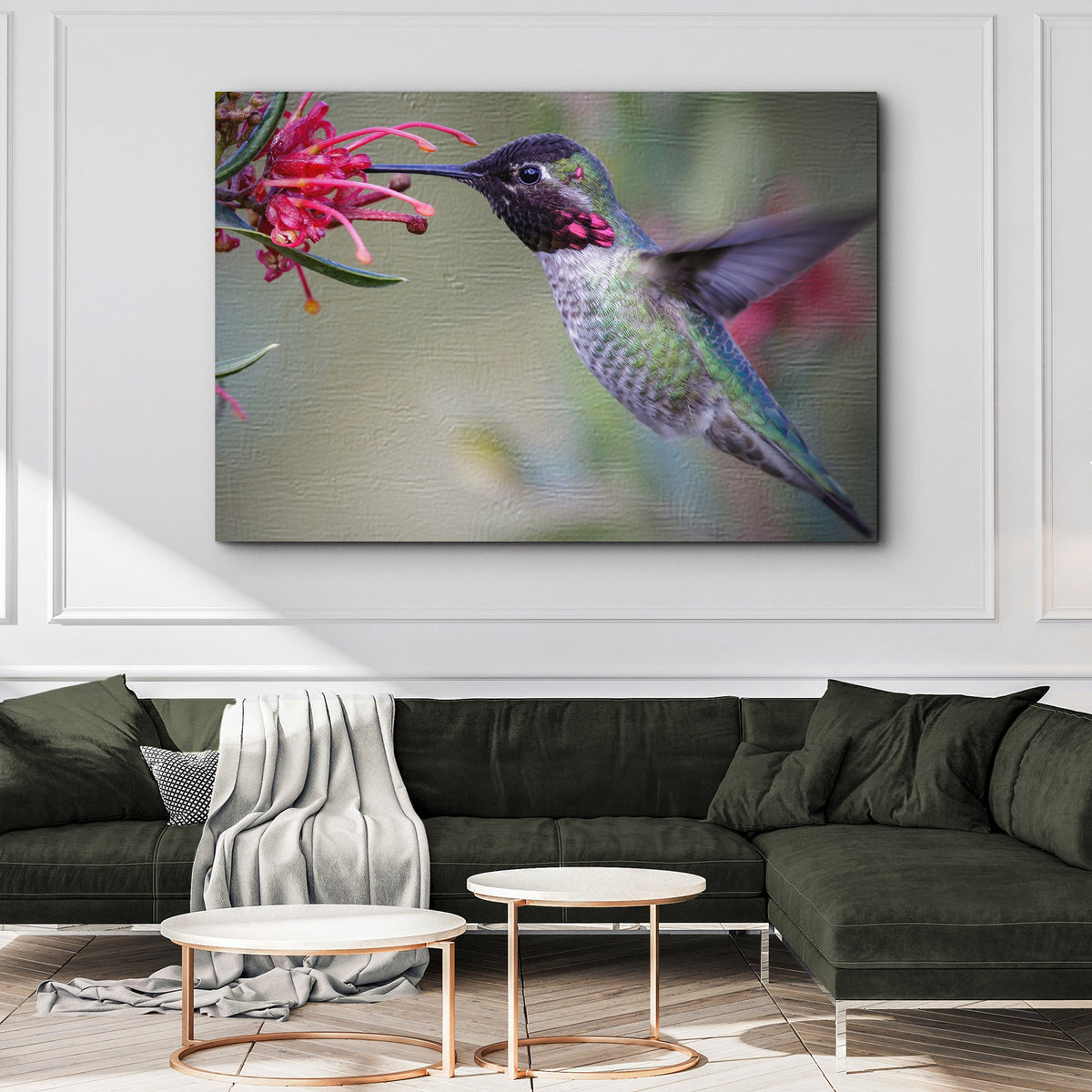 Hummingbird Spring Canvas Wall Art by Tailored Canvases with vivid pink blooms on Tampa Home & Garden Store