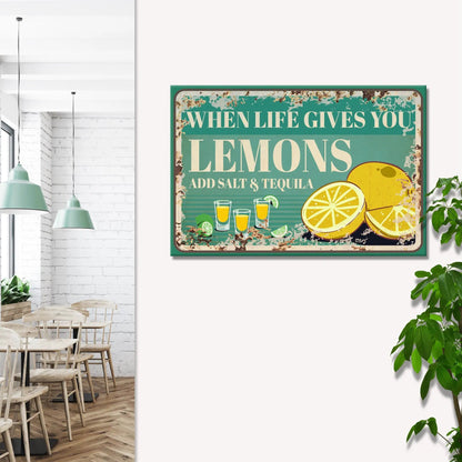 Canvas sign When Life Gives You Lemons by Tailored Canvases with teal backdrop and lemon imagery on Tampa Home & Garden Store