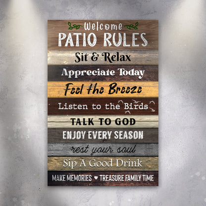 Patio Rules Sign III canvas panel with stacked wood planks quotes like Welcome, Sit & Relax on Tampa Home & Garden Store