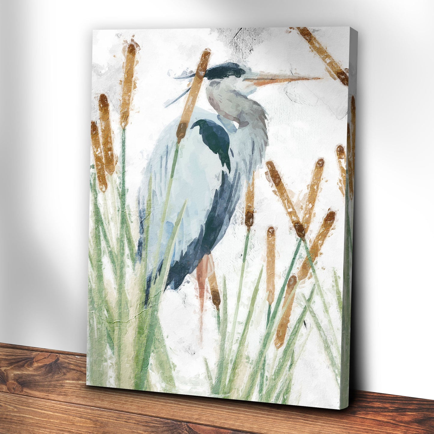 Heron In The Reeds Canvas Wall Art II by Tailored Canvases, blue-gray tones with cattails on Tampa Home & Garden Store
