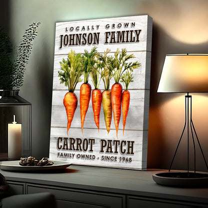 Locally Grown Carrot Patch Sign canvas with carrots on wood panel on Tampa Home & Garden Store