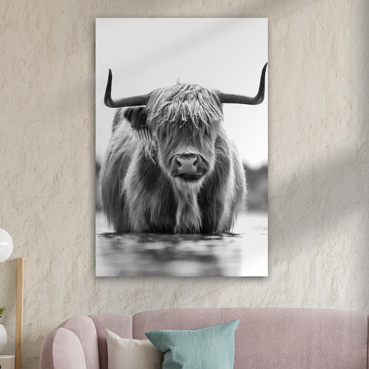 Grayscale Highland Cow Portrait Canvas black-and-white crafting canvas by Tailored Canvases on Tampa Home & Garden Store