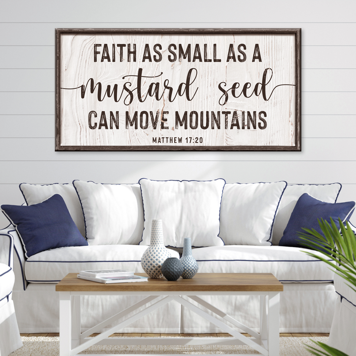Framed canvas sign Matthew 17:20 Faith can move mountains Tailored Canvases on whitewashed wood on Tampa Home & Garden Store