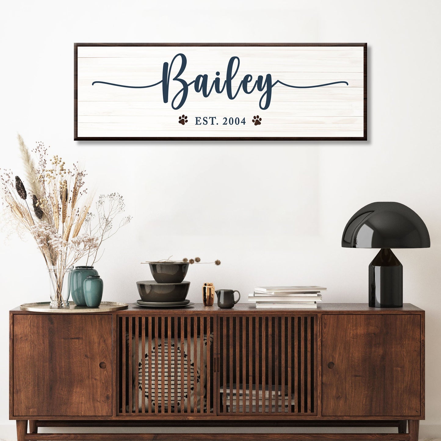 Pet Name Sign II canvas wall art with white planks and navy Bailey script Tailored Canvases on Tampa Home & Garden Store