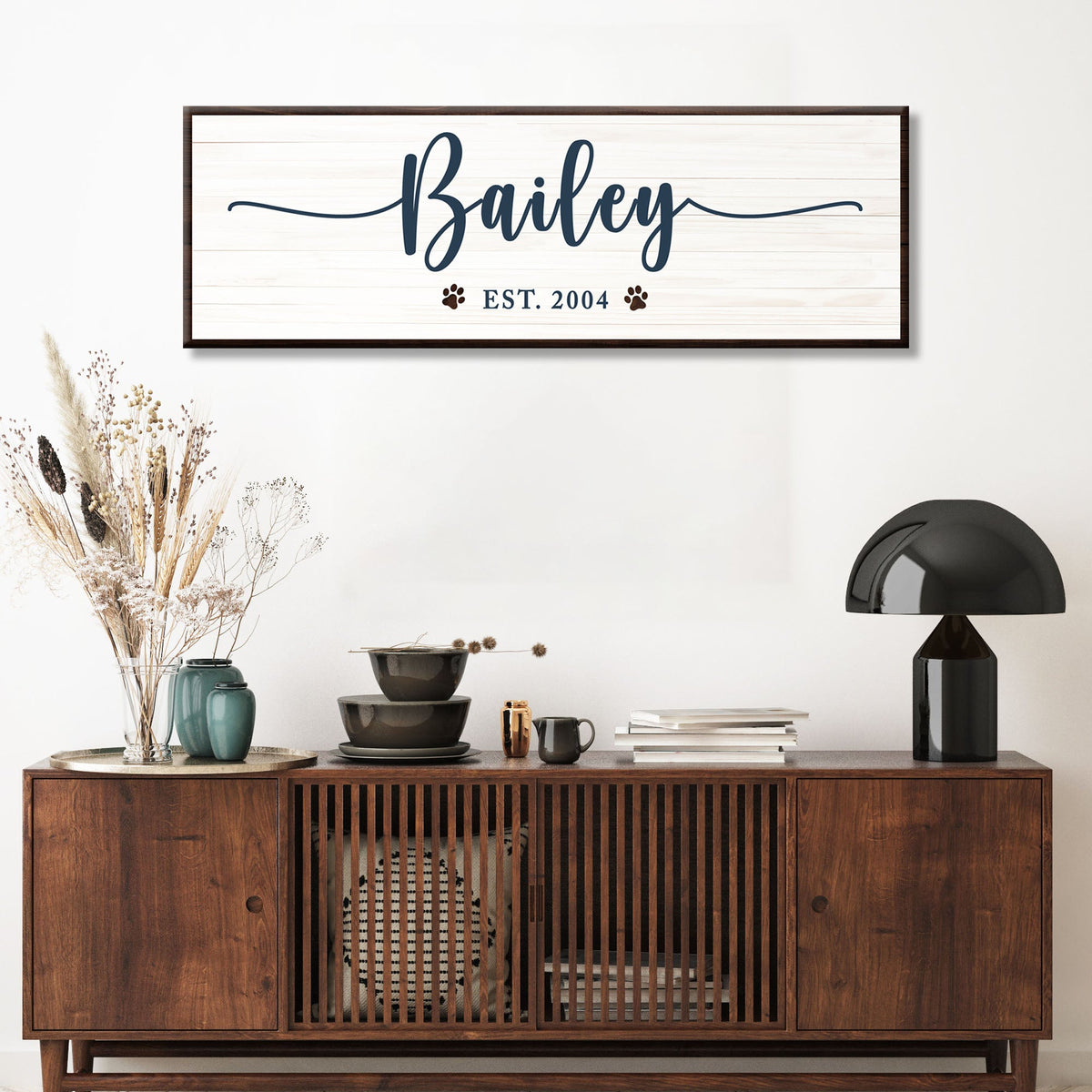 Pet Name Sign II canvas wall art with white planks and navy Bailey script Tailored Canvases on Tampa Home & Garden Store